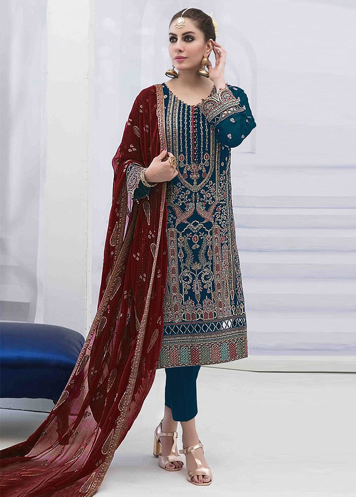 3 Pc Blue Semi Stitched Georgette Suit Set