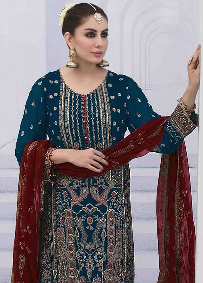 3 Pc Blue Semi Stitched Georgette Suit Set