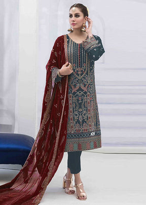 3 Pc Grey Semi Stitched Georgette Suit Set