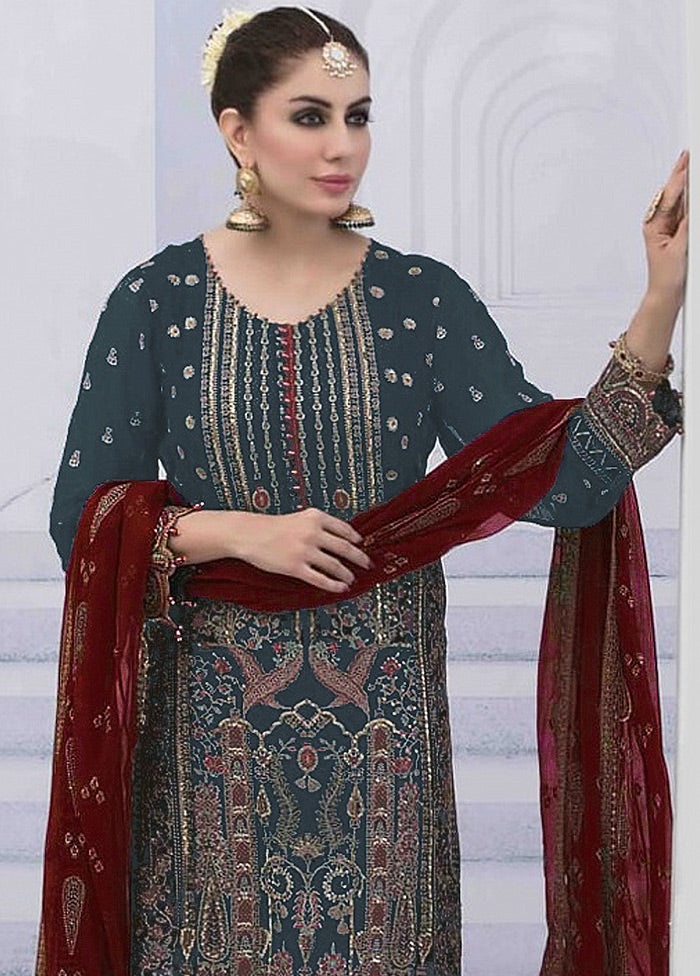 3 Pc Grey Semi Stitched Georgette Suit Set