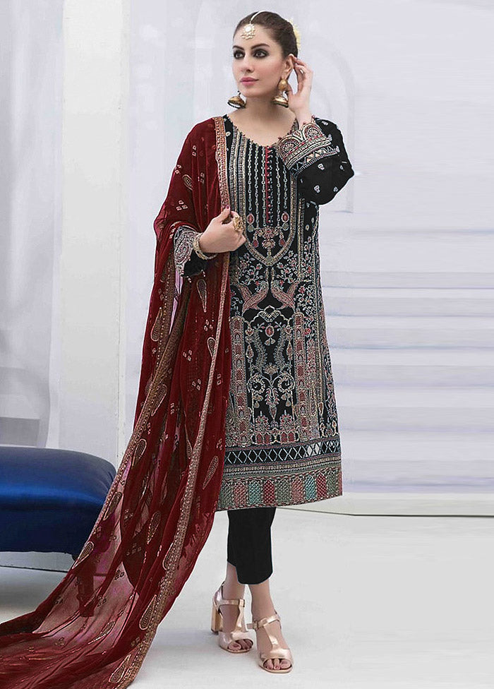 3 Pc Black Semi Stitched Georgette Suit Set