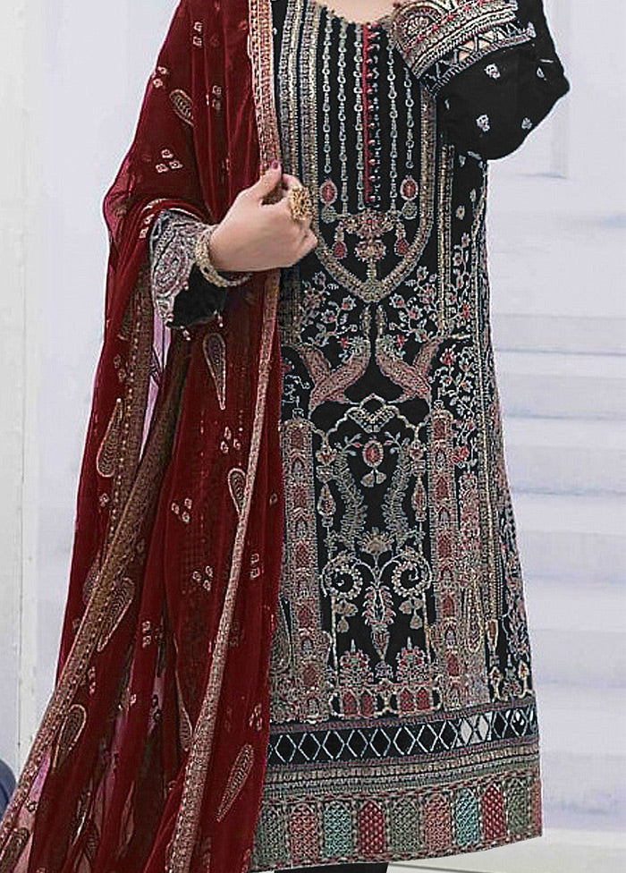 3 Pc Black Semi Stitched Georgette Suit Set