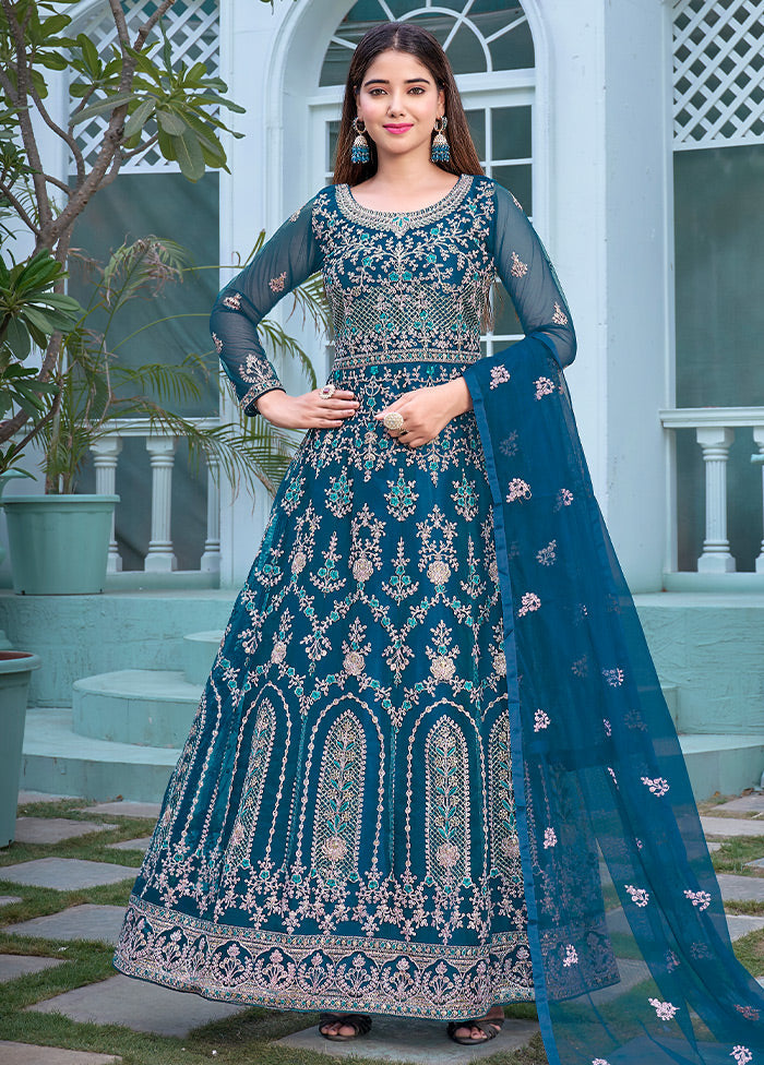 3 Pc Blue Semi Stitched Net Suit Set