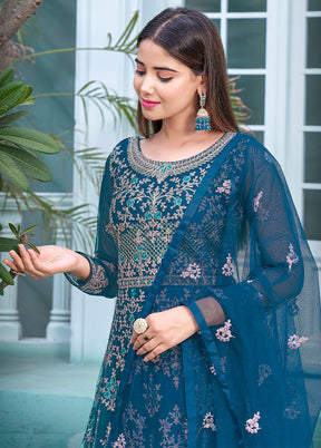 3 Pc Blue Semi Stitched Net Suit Set