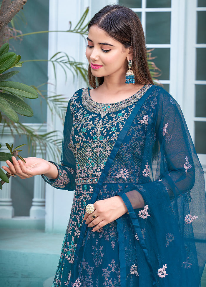 3 Pc Blue Semi Stitched Net Suit Set