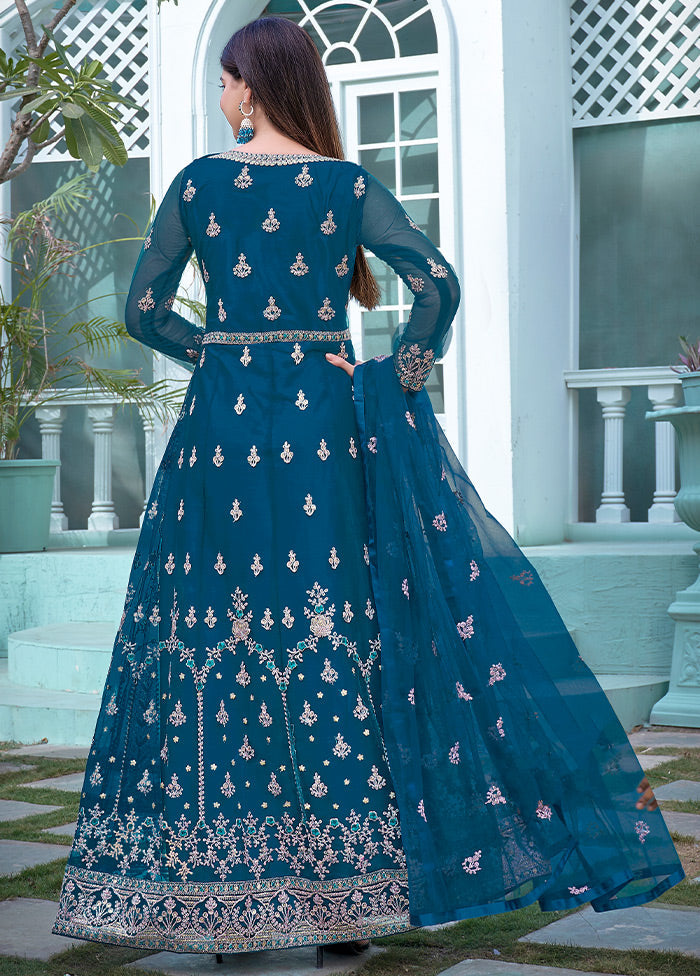 3 Pc Blue Semi Stitched Net Suit Set