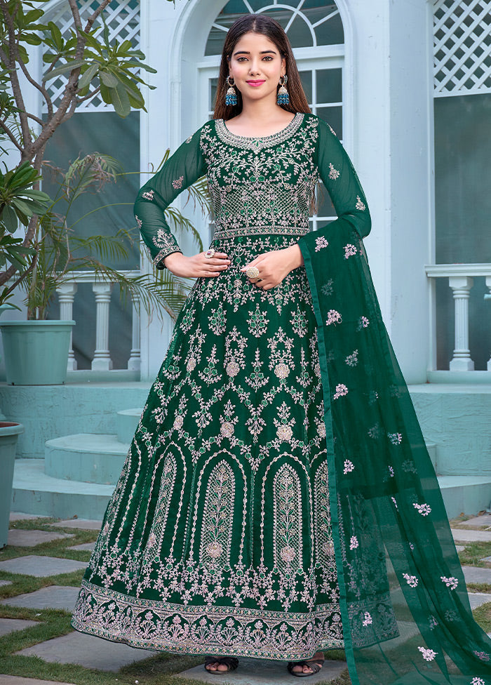 3 Pc Green Semi Stitched Net Suit Set