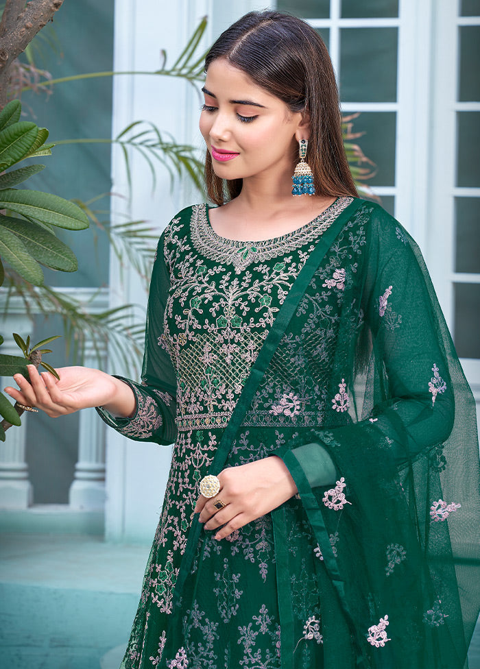 3 Pc Green Semi Stitched Net Suit Set