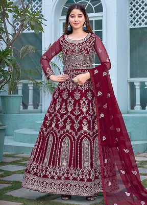 3 Pc Maroon Semi Stitched Net Suit Set