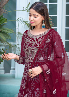 3 Pc Maroon Semi Stitched Net Suit Set