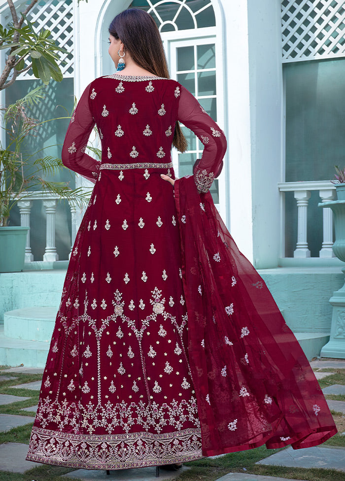 3 Pc Maroon Semi Stitched Net Suit Set