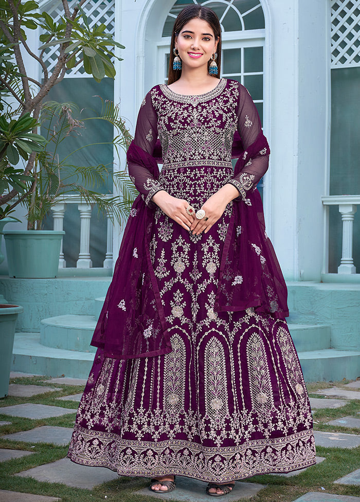 3 Pc Purple Semi Stitched Net Suit Set