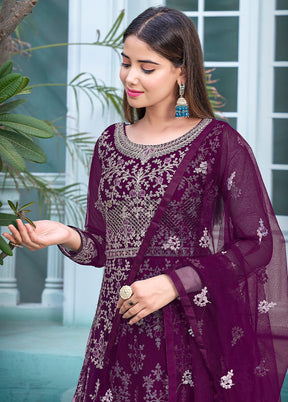 3 Pc Purple Semi Stitched Net Suit Set