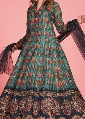 Blue Readymade Silk Gown With Dupatta