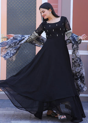 Black Readymade Georgette Gown With Dupatta