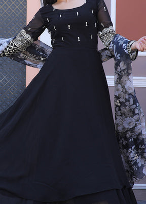 Black Readymade Georgette Gown With Dupatta