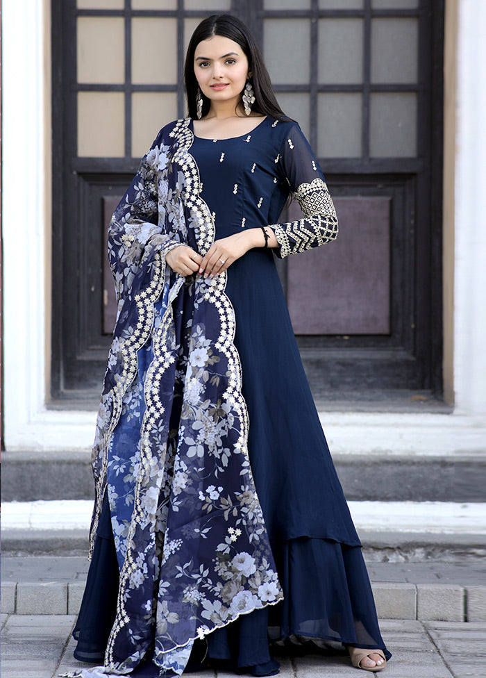 Navy Blue Readymade Georgette Gown With Dupatta