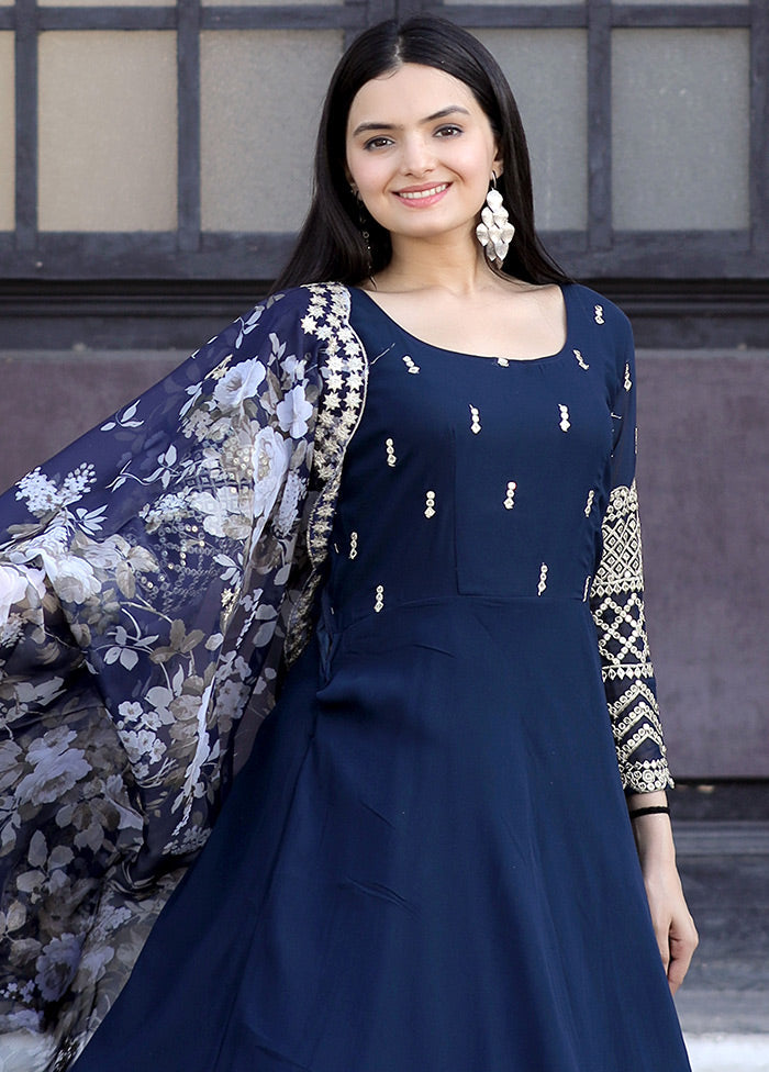 Navy Blue Readymade Georgette Gown With Dupatta