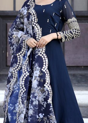 Navy Blue Readymade Georgette Gown With Dupatta