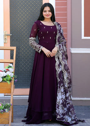 Wine Readymade Georgette Gown With Dupatta