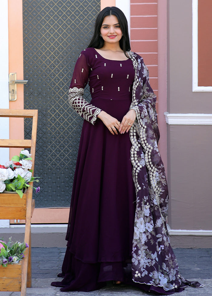 Wine Readymade Georgette Gown With Dupatta