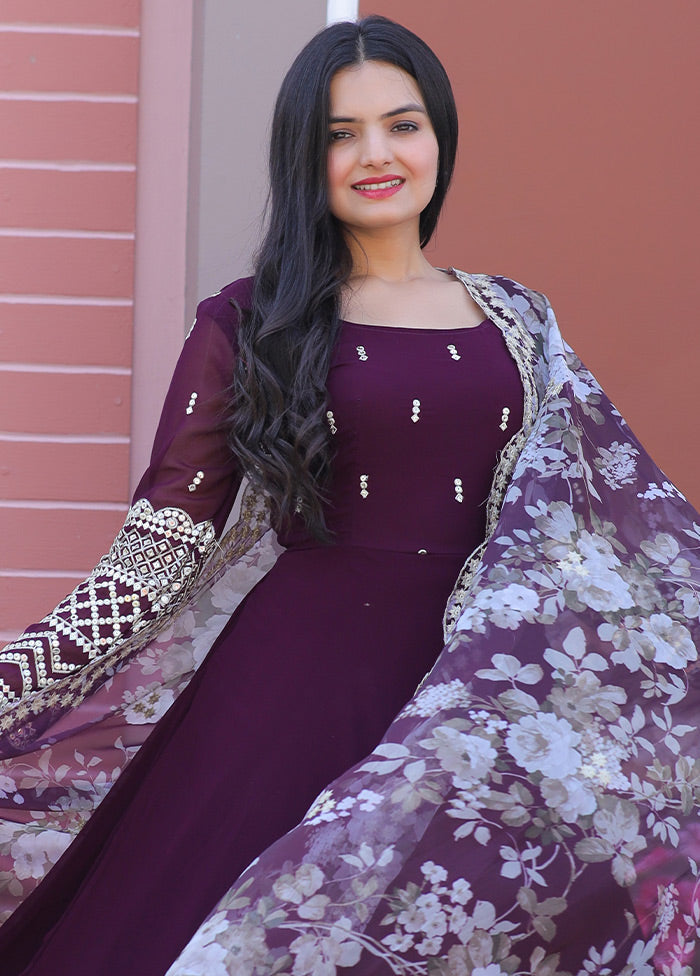 Wine Readymade Georgette Gown With Dupatta