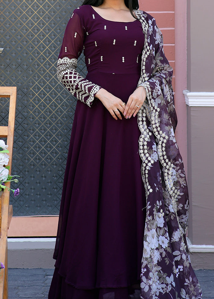 Wine Readymade Georgette Gown With Dupatta