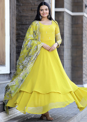 Yellow Readymade Georgette Gown With Dupatta