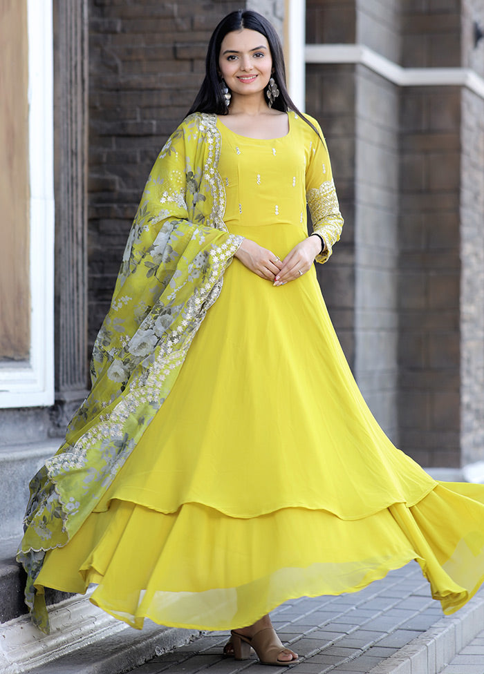 Yellow Readymade Georgette Gown With Dupatta