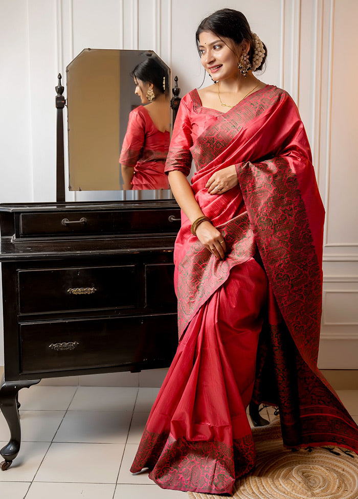 Red Spun Silk Saree With Blouse Piece