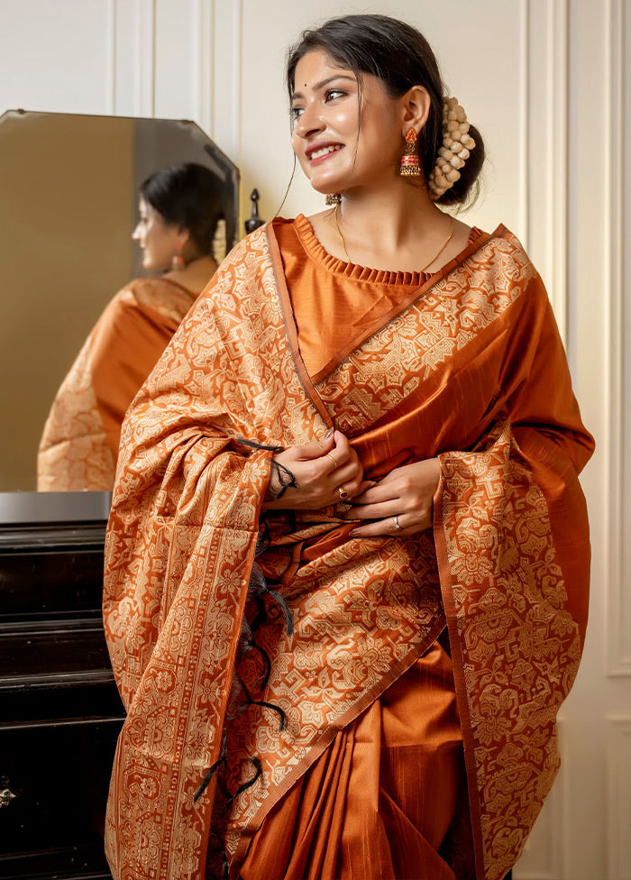 Orange Spun Silk Saree With Blouse Piece