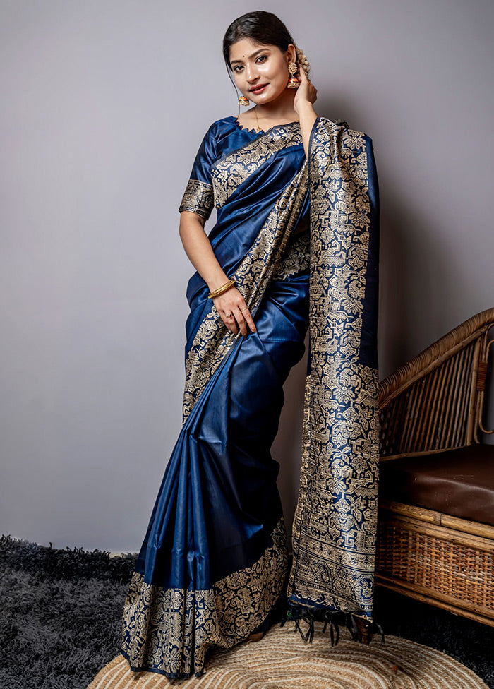 Navy Blue Spun Silk Saree With Blouse Piece