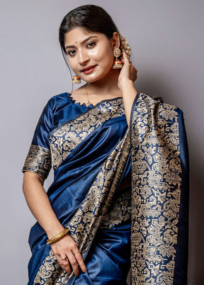 Navy Blue Spun Silk Saree With Blouse Piece