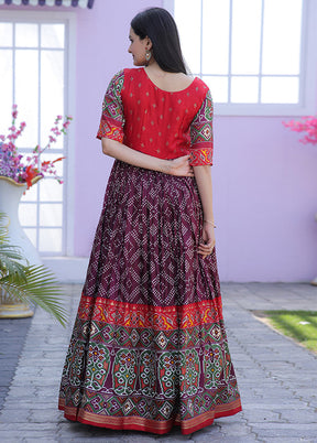 Wine Readymade Silk Indian Dress