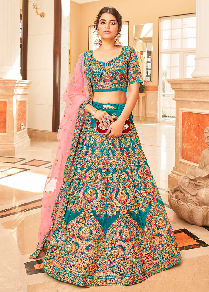 3 Pc Teal Blue Velvet Semi Stitched Lehenga Set