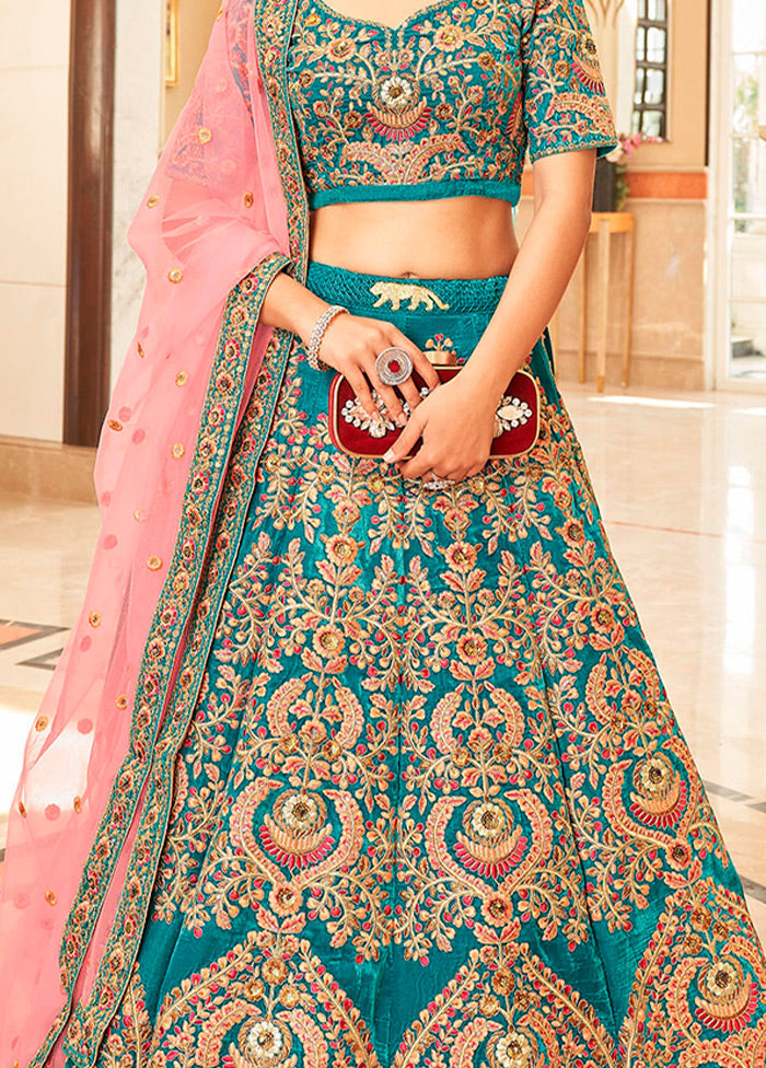 3 Pc Teal Blue Velvet Semi Stitched Lehenga Set