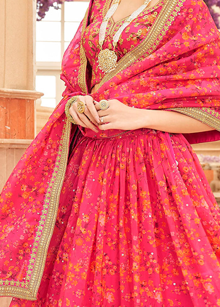 3 Pc Pink Net Semi Stitched Lehenga Set