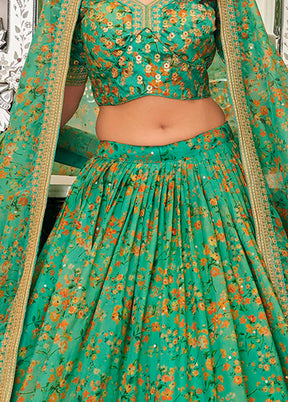 3 Pc Pista Green Net Semi Stitched Lehenga Set