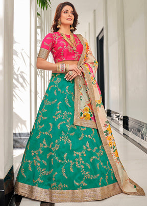 3 Pc Green Silk Semi Stitched Lehenga Set