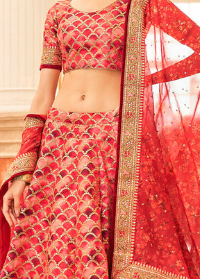 3 Pc Red Silk Semi Stitched Lehenga Set