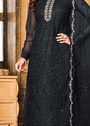 3 Pc Black Semi Stitched Net Suit Set