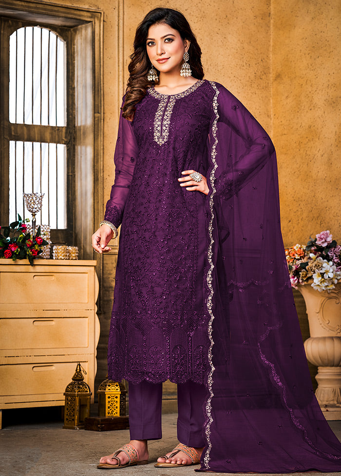 3 Pc Purple Semi Stitched Net Suit Set