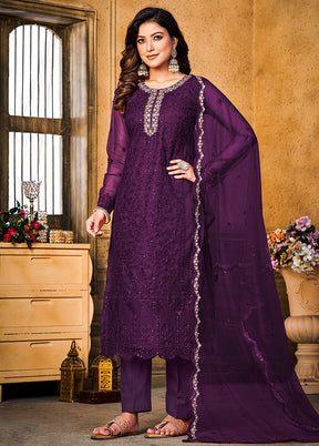 3 Pc Purple Semi Stitched Net Suit Set