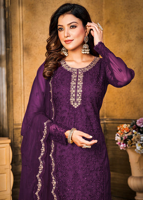 3 Pc Purple Semi Stitched Net Suit Set