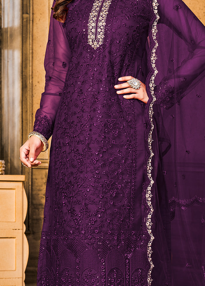 3 Pc Purple Semi Stitched Net Suit Set