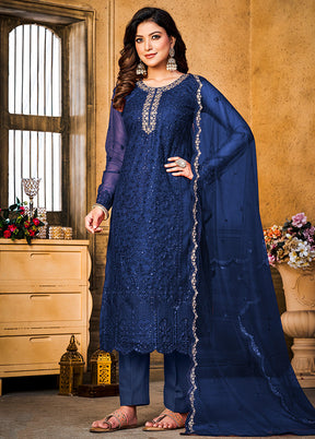 3 Pc Blue Semi Stitched Net Suit Set