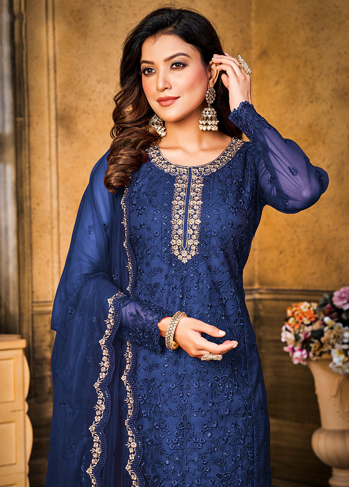 3 Pc Blue Semi Stitched Net Suit Set