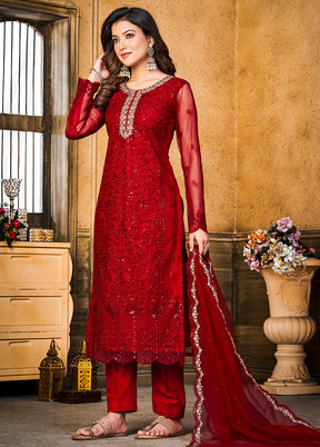 3 Pc Red Semi Stitched Net Suit Set