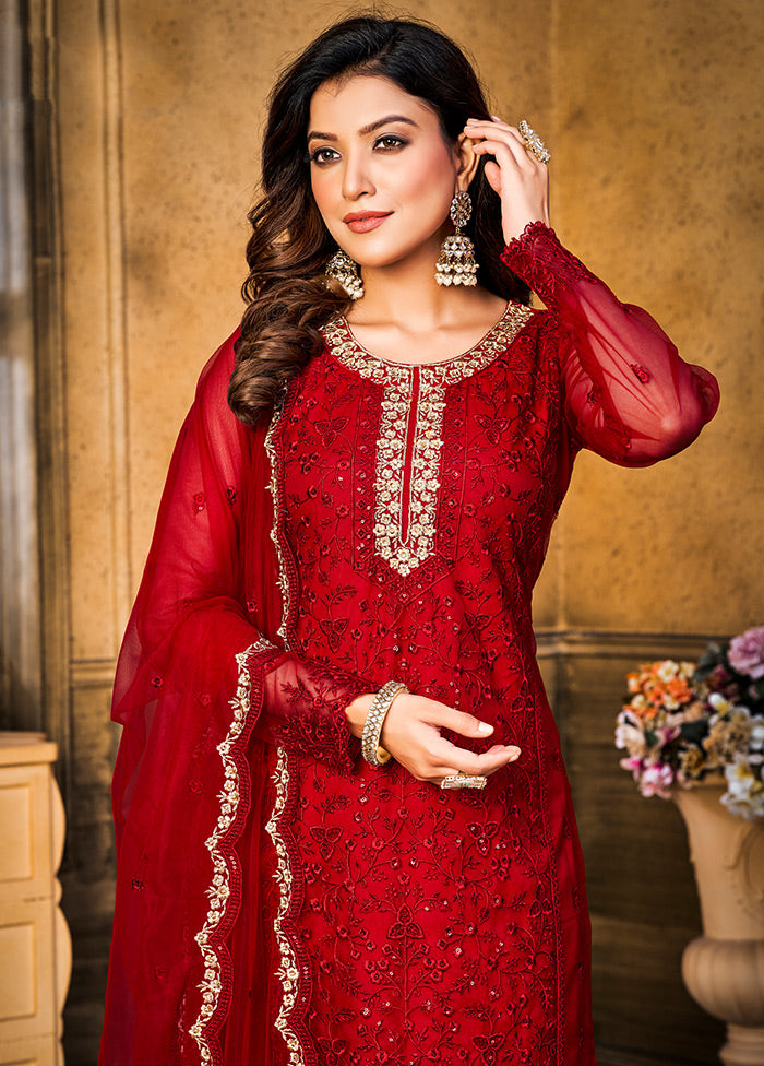 3 Pc Red Semi Stitched Net Suit Set