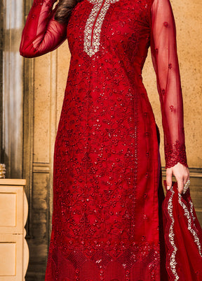 3 Pc Red Semi Stitched Net Suit Set